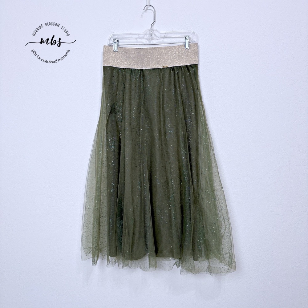 Jupist Pleated Glitter Tulle Maxi Skirt Green Gold Waistband‎ Women 2